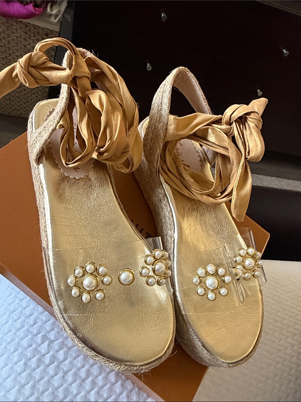 Columbia Metallic Gold Espadrille Wedge Sandals with Pearl Clusters